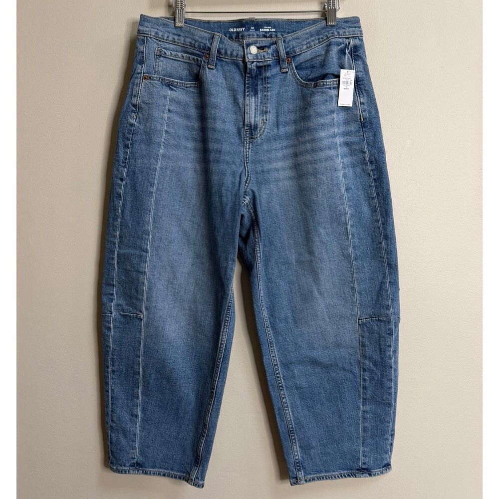 Old Navy Medium Wash High Rise Wow Baggy Barrel Leg Jeans Pansy Wash 12 Petite